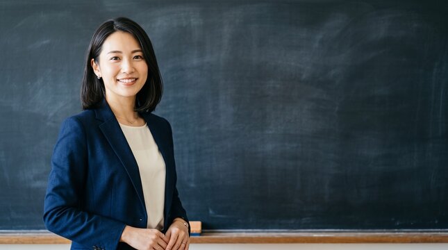 プロフィール写真をイメージした、黒板を背景に立ち、穏やかな笑顔をカメラに向けている知的な印象の20代日本人女性社員のバストアップ