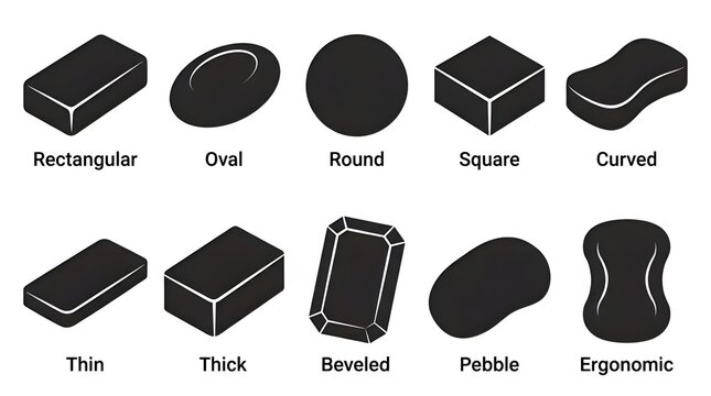 Soap bar shapes and types silhouette vector icon set including rectangular soap, oval soap, round soap, square bar, curved soap, thin bar, thick block, beveled edge, pebble shape and ergonomic soap
