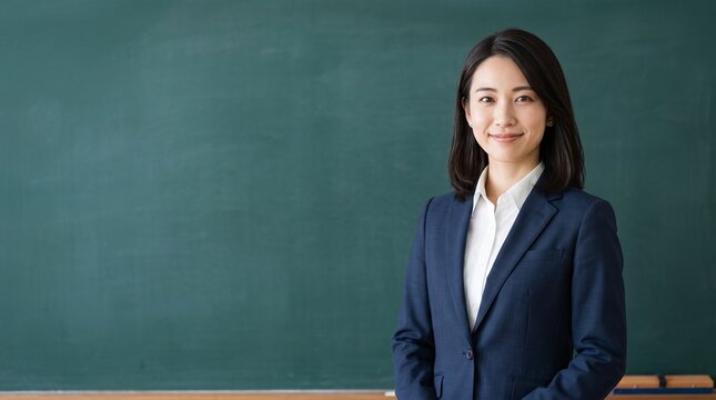 プロフィール写真をイメージした、黒板を背景に立ち、穏やかな笑顔をカメラに向けている知的な印象の20代日本人女性社員のバストアップ