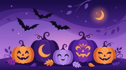 Fototapeta premium Halloween background with carved pumpkins and bats