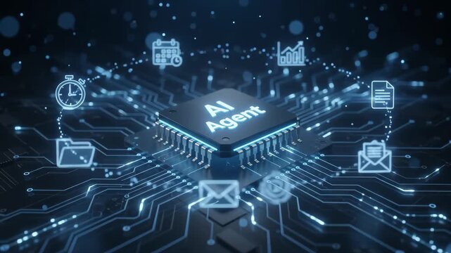 3D render of an AI agent microchip with glowing circuits. Artificial intelligence concepts of task automation. Concepts for futuristic technology and data processing. 3D render.