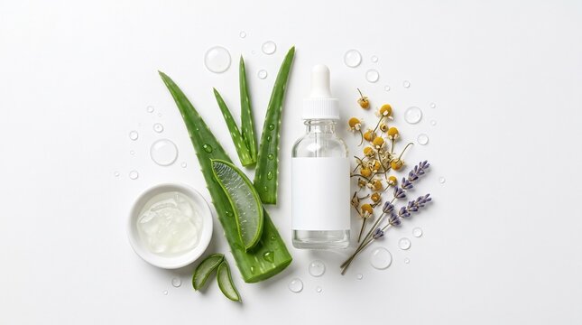Neatly arranged set of natural skincare components including dropper bottle and aloe vera isolated on a white background for beauty design