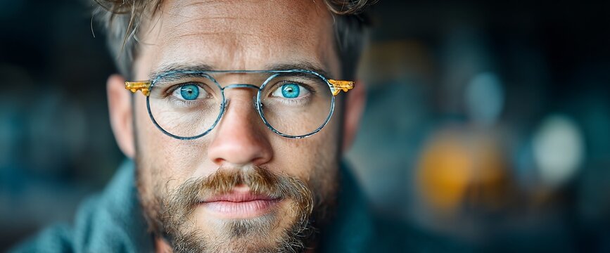 Man with glasses, focused gaze. Blue eyes, beard, soft lighting. Close-up portrait, expressive face