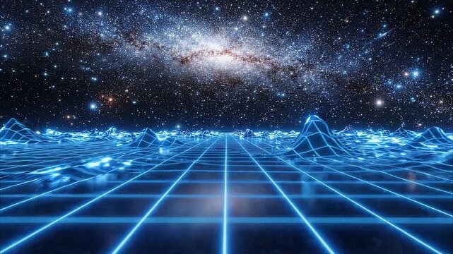 Retro futuristic synthwave landscape with blue neon grid floor and starry galaxy sky background 80s style digital art sci-fi horizon mountains virtual reality computer graphics animation
