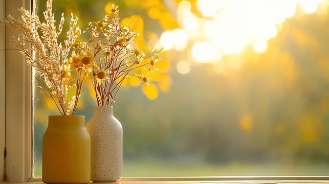 Dried flowers in vases on windowsill, autumnal background.
