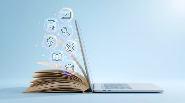 Digital elearning education concept showing laptop emerging from open book with glowing graduation and knowledge icons