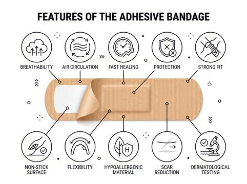 Adhesive bandage features infographic with icons and labels