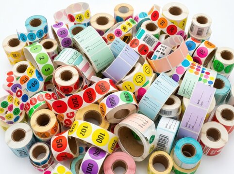 Large collection of various colorful adhesive labels and stickers on rolls