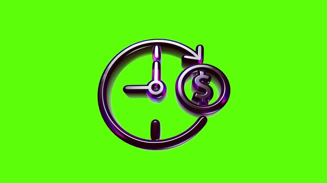 Shiny metallic clock icon with a dollar sign symbol representing time is money concept on green background