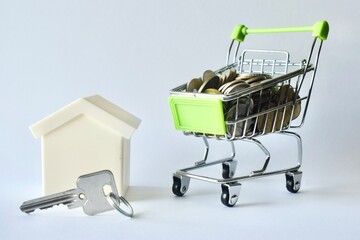 Miniature house model with door key next to a small shopping cart filled with coins, representing home buying, real estate investment, and property budget planning on a plain background. © Akram
