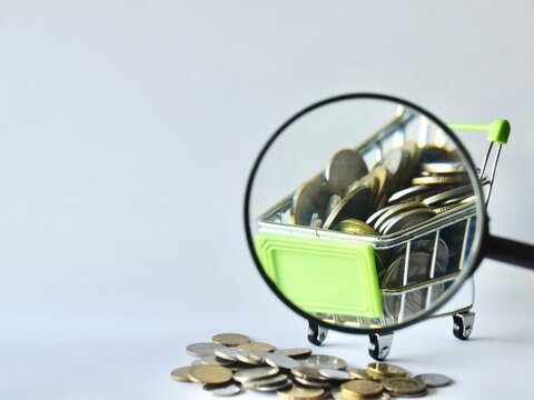 Magnifying glass focusing on a miniature shopping cart packed with coins and a small pile of change nearby, illustrating consumer price analysis, inflation tracking, and financial inspection.