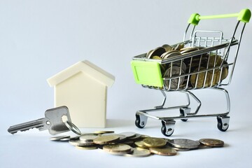 Miniature shopping cart full of coins positioned near a house model, house key, and loose coins, symbolizing real estate transactions, home buyer financing, and property purchasing. © Akram