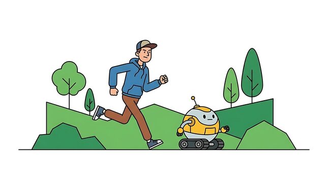 Cartoon man running with small robot in park.