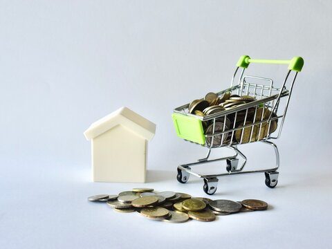 A model house standing alongside a scattered stack of coins and a small shopping cart filled with money, demonstrating concepts of property investment, real estate market costs, and housing budgets.