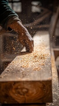 Carpenter's hand planing wood, sawdust flying.