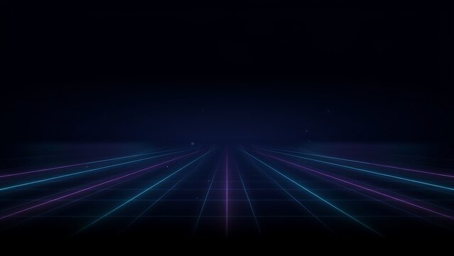 A perspective grid of glowing neon blue and purple lines receding into a dark, infinite digital space, creating a sense of virtual reality and