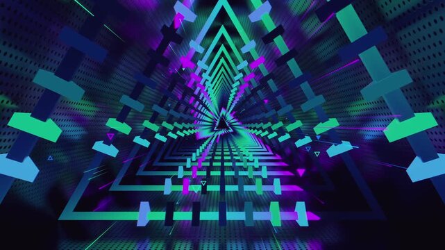 Seamless VJ loop of futuristic geometric tunnel with triangular corridor frames. Dynamic illuminated stage backdrop for electronic music festivals, dancefloors, club events, rave parties, and shows.