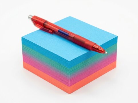 Stack of colorful sticky notes with a red pen isolated on white background