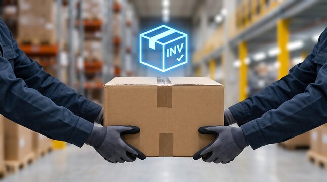 Hands holding a cardboard box with a holographic logistics network display above