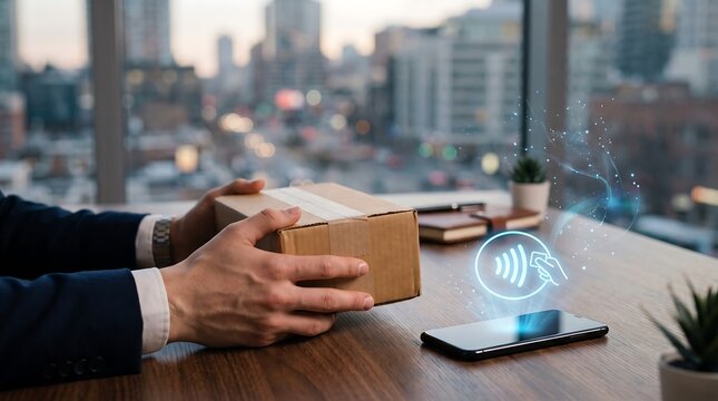 Hands unboxing a package at a modern desk with a city view beyond