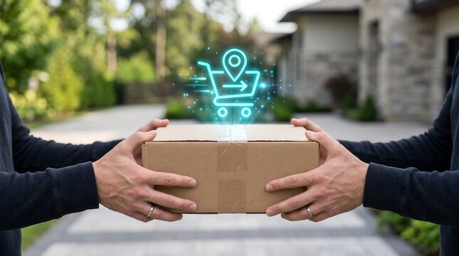 Hands exchanging a package with a glowing digital shopping cart overlay