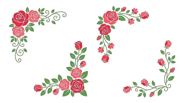 Red rose floral corner borders on white background.