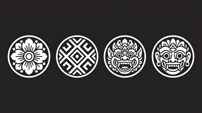 Tribal mask and ornamental medallion icons.