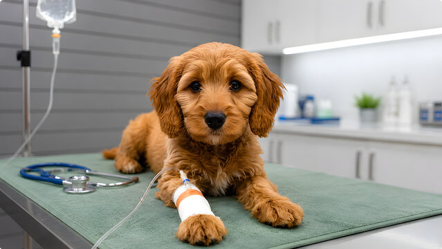 Cockapoo puppy recovering with IV bandage in veterinary clinic