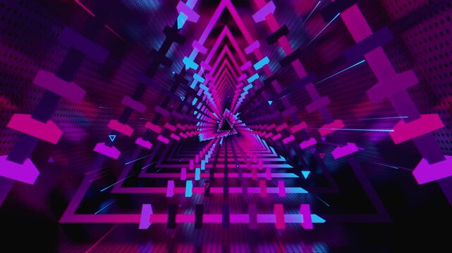 Seamless VJ loop of futuristic geometric tunnel with triangular corridor frames. Dynamic illuminated stage backdrop for electronic music festivals, dancefloors, club events, rave parties, and shows.
