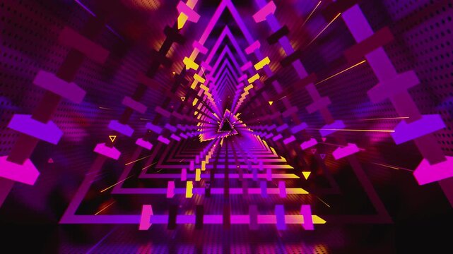 Seamless VJ loop of futuristic geometric tunnel with triangular corridor frames. Dynamic illuminated stage backdrop for electronic music festivals, dancefloors, club events, rave parties, and shows.