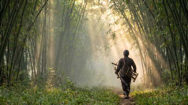 Angklung Musician Walking Through Bamboo Forest