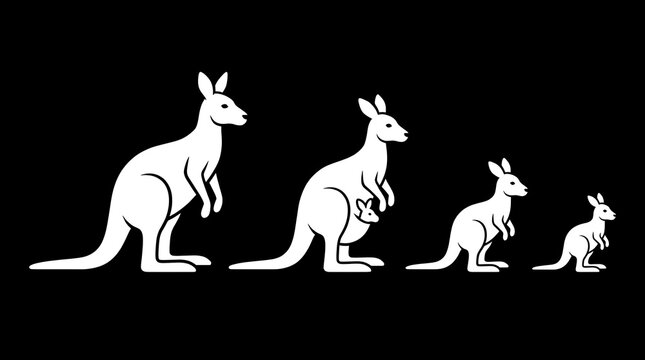 White kangaroo silhouette growth sequence on black background.