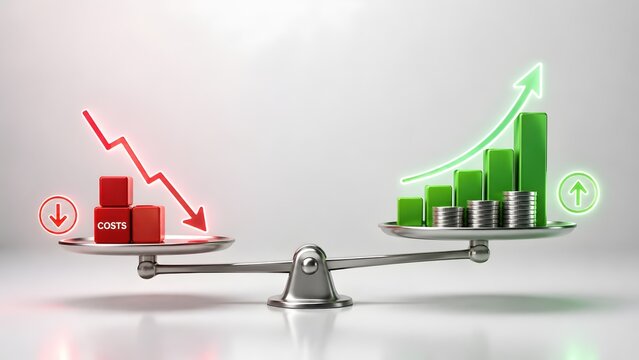 Financial balance scale weighing decreasing red cost cubes against increasing green profit graph with silver coins