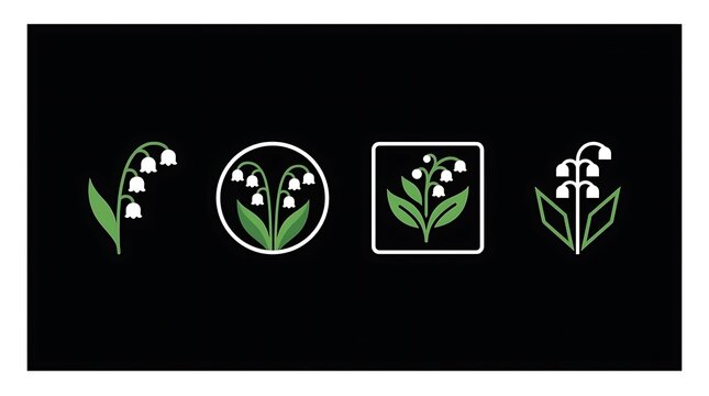 White lily of the valley floral icons on black.