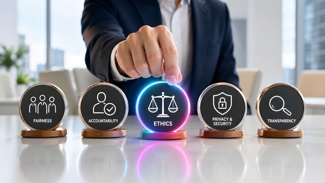 Businessman hand arranging circular icons on a desk representing responsible AI principles like ethics, fairness, accountability, privacy, and transparency