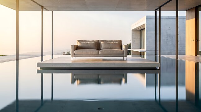 Modern luxury villa with infinity pool and ocean view at sunset.