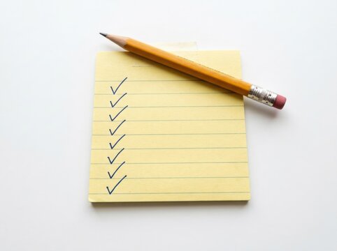 Yellow lined sticky note with checkmarks and a pencil isolated on white background