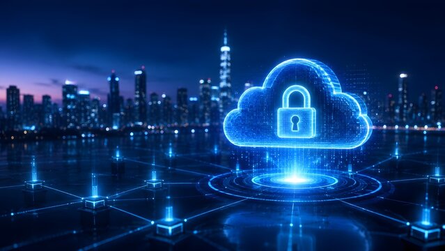 Glowing blue cloud computing security padlock floating over a smart city skyline at night representing urban digital network protection