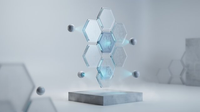 3D global network visualization with glowing blue data points and interconnected nodes on white pedestal