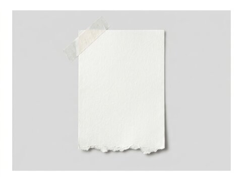 Blank white paper sheet with torn bottom edge attached with adhesive tape isolated on white background