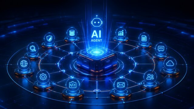 Futuristic artificial intelligence agent hologram controlling global digital network system with service nodes