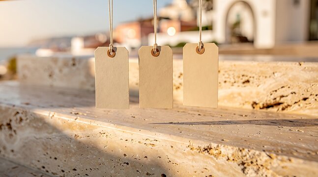 Three blank hanging tags on a textured surface with blurred background.