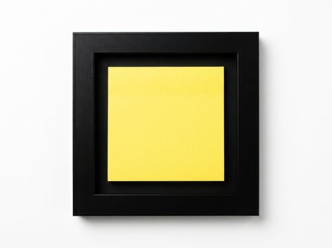 Minimalist art piece with bright yellow square note in a black frame isolated on white background