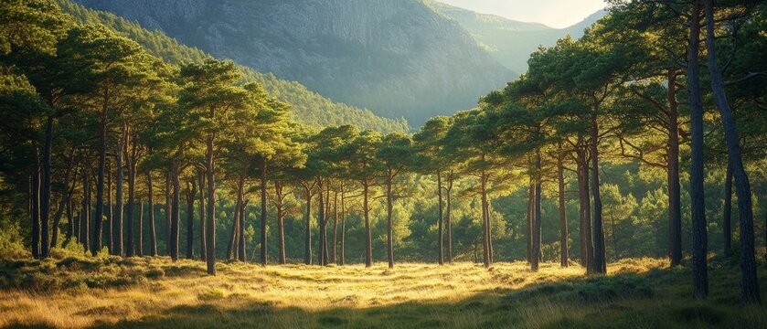 A serene forest landscape with tall pine trees lining a grassy clearing, backed by misty mountains in the background.