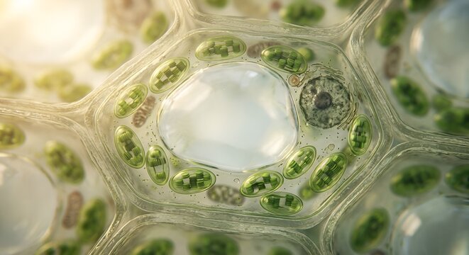 Microscopic Plant Cell with Green Chloroplasts and Central Vacuole