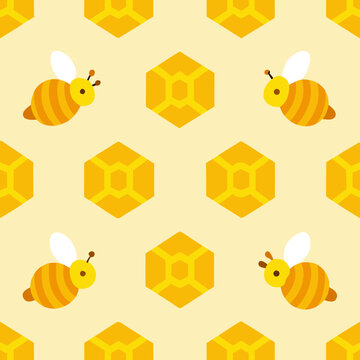 Honey bee and golden honeycomb seamless pattern on light yellow background provides sweet nature theme for organic food packaging design.