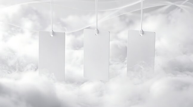 Three blank white hanging signs in a foggy or smoky environment.