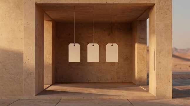 Three blank tags hanging in a concrete structure in a desert landscape.