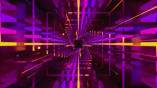 Seamless VJ loop of futuristic geometric tunnel with glowing rectangular blocks and perforated walls. Dynamic illuminated stage backdrop for electronic music festivals, club events, and rave shows.
