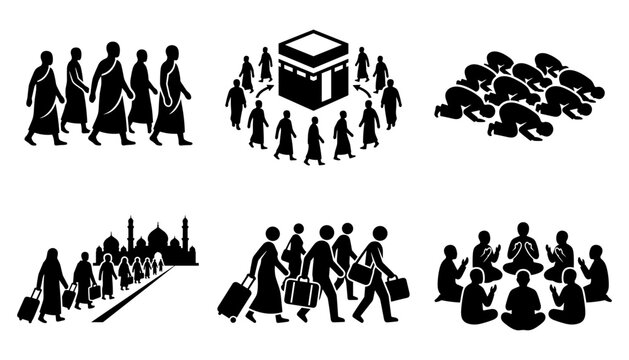 Hajj and umrah pilgrimage icons set